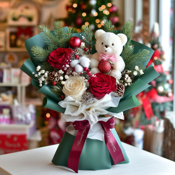 Christmas Teddy Bear & Rose Bouquet – Cozy Green & Red Festive Delight
